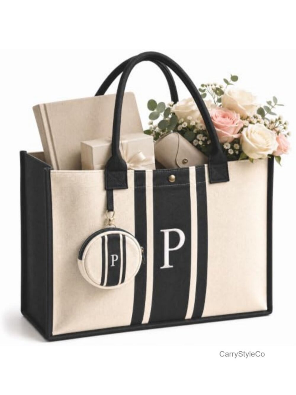 Monogrammed Canvas Tote Bag with Waterproof Liner & Pouch